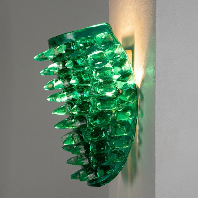 Large Green Murano Glass Wall Lamps with Spikes and Gold Finish Frames, 1990s, Set of 2 For Sale - Image 4 of 12