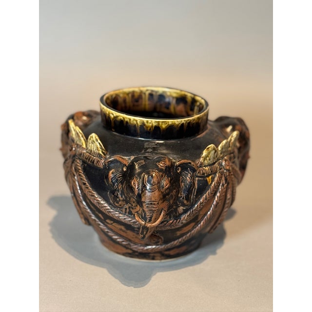 Antique Elephant Motif Ceramic Vessel With Gilded Accents For Sale - Image 4 of 7