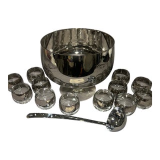 1970s Metalyte Dorothy Thorpe Style Silver Banded Punch Bowl and 12 Cups For Sale