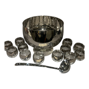 1970s Metalyte Dorothy Thorpe Style Silver Banded Punch Bowl and 12 Cups
