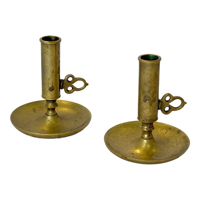 Signed Antique Brass Adjustable Height Push-Up Candleholders- A Pair For Sale