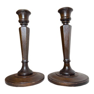 Pair Antique 1800's Hand Carved English Wood Brass Candlesticks Candle Holders For Sale