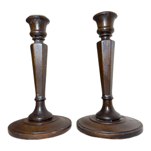 Pair Antique 1800's Hand Carved English Wood Brass Candlesticks Candle Holders