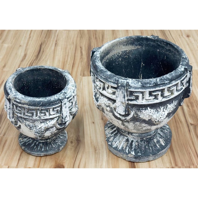 Traditional Vintage Greek Key and Grape Motif Concrete Planter Pair For Sale - Image 3 of 9