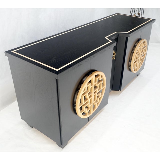 1970s Asian Black Lacquer Large Carved Wood Door Pulls 8 Drawer Dresser Credenza For Sale - Image 6 of 12