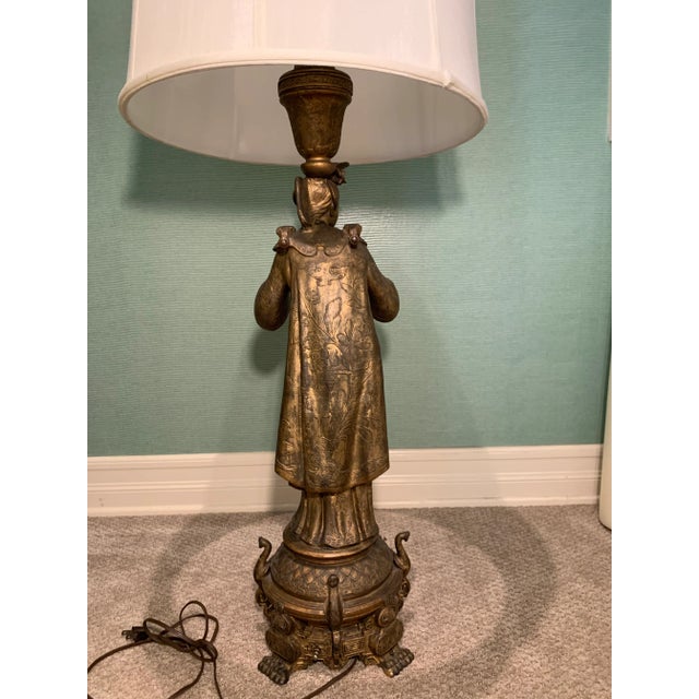 Traditional Vintage Figural Brass Lamp With Drum Shade For Sale - Image 3 of 12