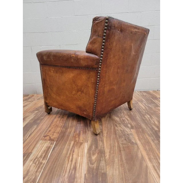Art Deco Vintage French Art Deco Distressed Brown Leather Club Chair For Sale - Image 3 of 10