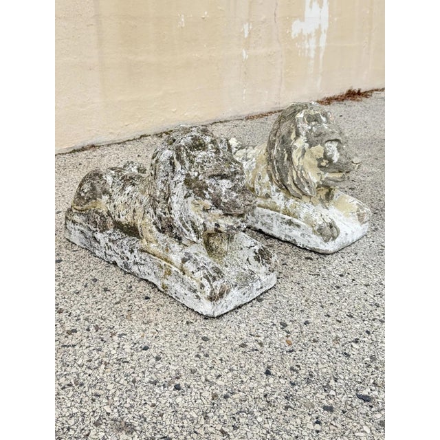 Vintage Classical Style Cast Cement Concrete Guardian Entry Lions with Authentic Weathered Finish (approx 170 lbs. each) -...