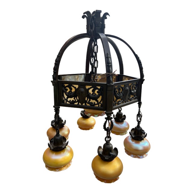 Vintage Heavy Brass Detailed Chandelier With Stained Glass Accents For Sale