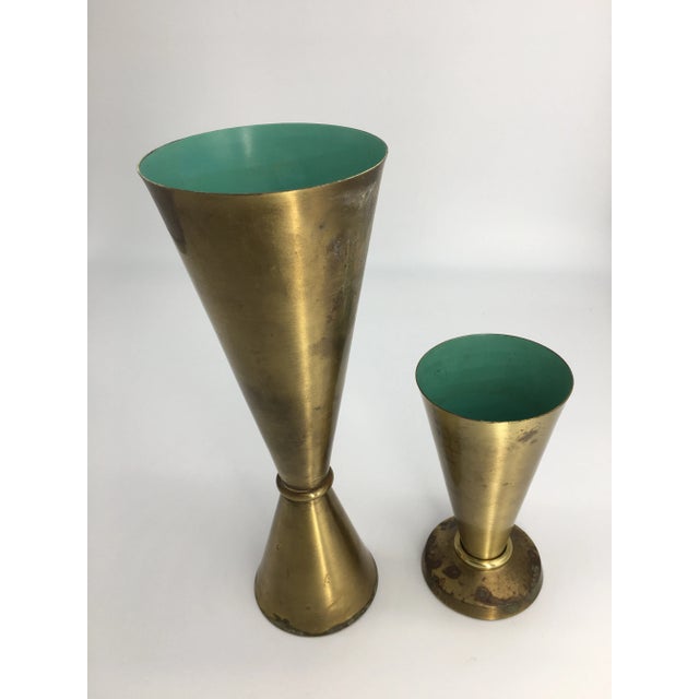 Brass Mid Century Brass and Turquoise Conical Vases - a Pair For Sale - Image 8 of 8