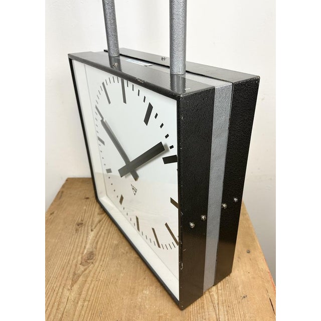 Large Industrial Square Double Sided Factory Ceiling Clock from Pragotron, 1970s For Sale - Image 12 of 18