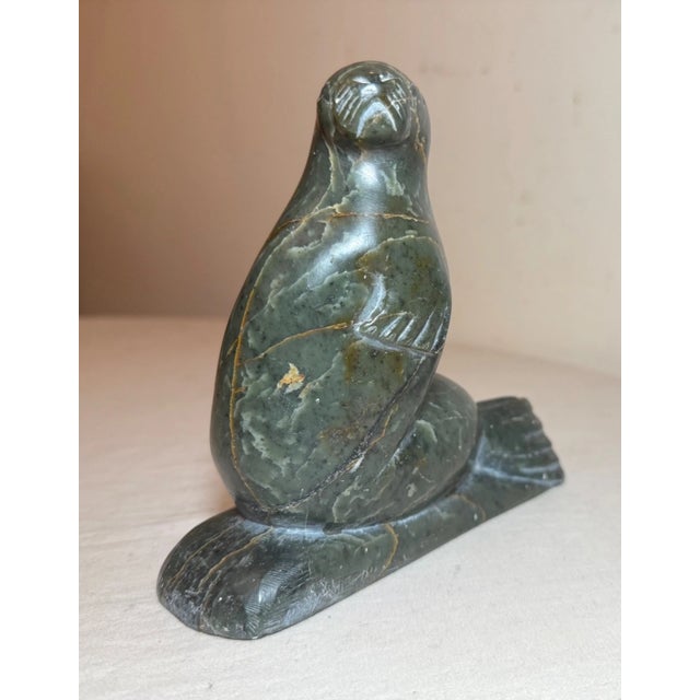Green Antique Carved Green Stone Soapstone Canadian Seal Eskimo Sculpture Inuit For Sale - Image 8 of 12