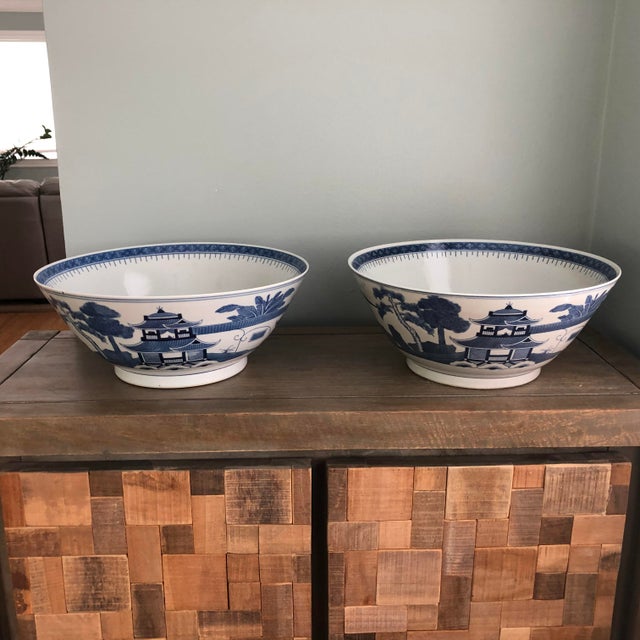 Large Vintage Chinoiserie Blue and White Bowls a Pair For Sale - Image 9 of 12