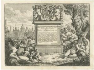 C.Fantetti, Agostino Chigi's Coat of Arms and View of Rome, 1690, Etching