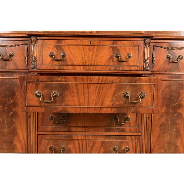 Brown Baker Furniture Style Regency Flame Mahogany Lighted Breakfront Bookcase Cabinet With Drop Front Secretary Desk, Circa 1940s For Sale - Image 8 of 16