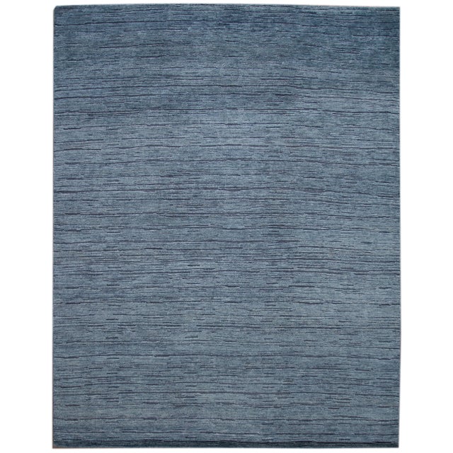 Modern Textured Handmade Striped Pattern Blue Wool Rug For Sale - Image 12 of 12