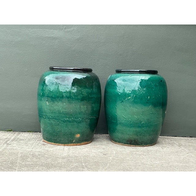 Vintage Green Glazed Earthenware Vessels - A Pair For Sale - Image 11 of 18