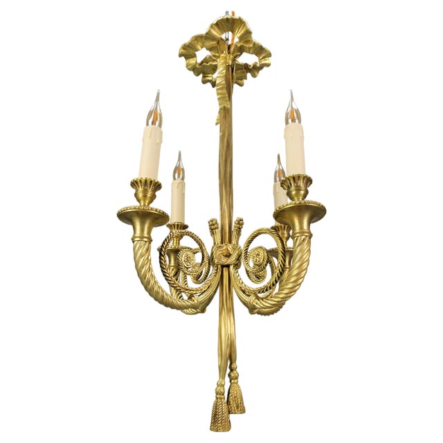 Louis XVI French Bronze Ribbon and Tassel Four-Light Chandelier, 1910s For Sale