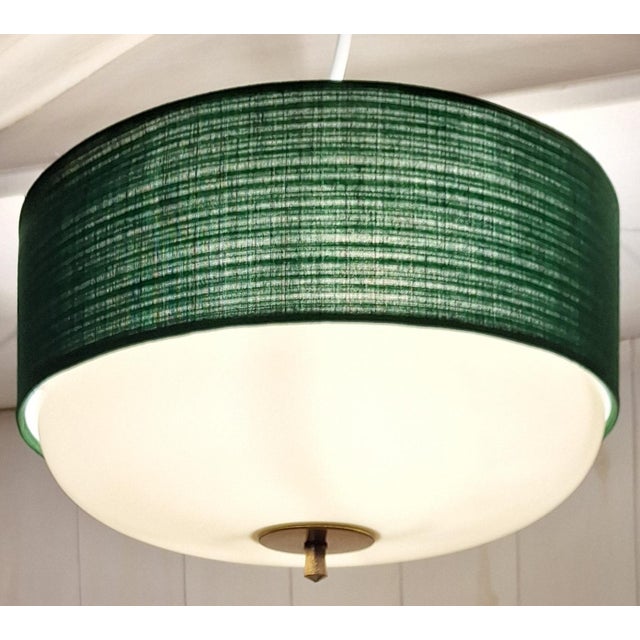 Mid-Century Modern Mid-Century Ceiling Lamp with Cream-White Glass Shade in a Green Fabric Shade, 1960s For Sale - Image 3 of 8