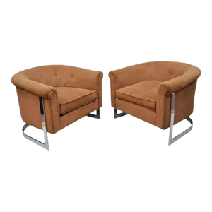 Mid 20th Century Mid Century Modern Chrome Barrel Back Club Lounge Chairs Attributed to Milo Baughman - a Pair