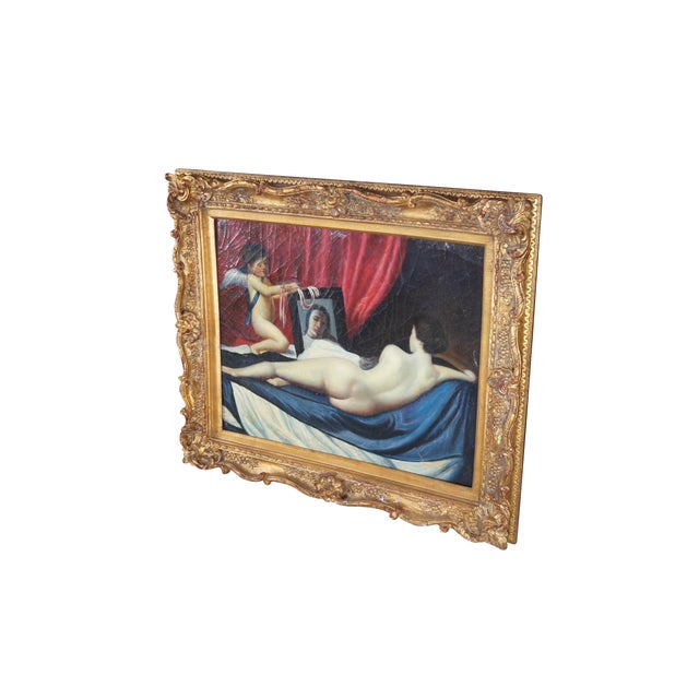 Late 20th century oil painting features a nude woman reclining on a divan daybed. She is gazing at herself in the mirror...
