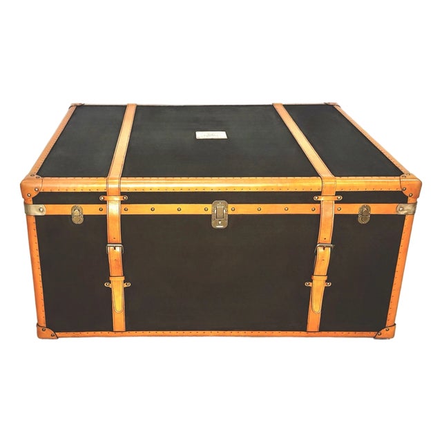 Late 20th Century Ralph Lauren Home Oxford Espresso Canvas & Saddle Leather Luggage Trunk Coffee Table For Sale