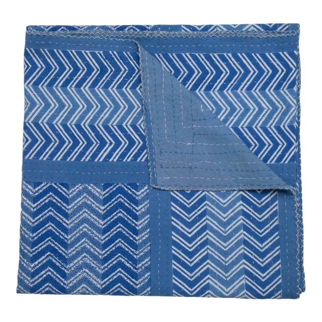 Chevron Hand Stitched Quilt, Twin-XL - Blue For Sale