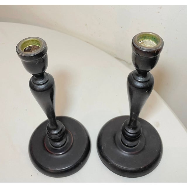Wood Pair Antique 19th Century Turned English Wood Brass Candlesticks Candle Holders For Sale - Image 7 of 8