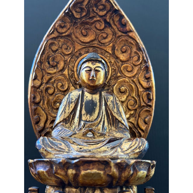Japanese Japanese Carved Wood Buddha With Gold Leaf & Black Lacquer Mid-20th Century For Sale - Image 3 of 12