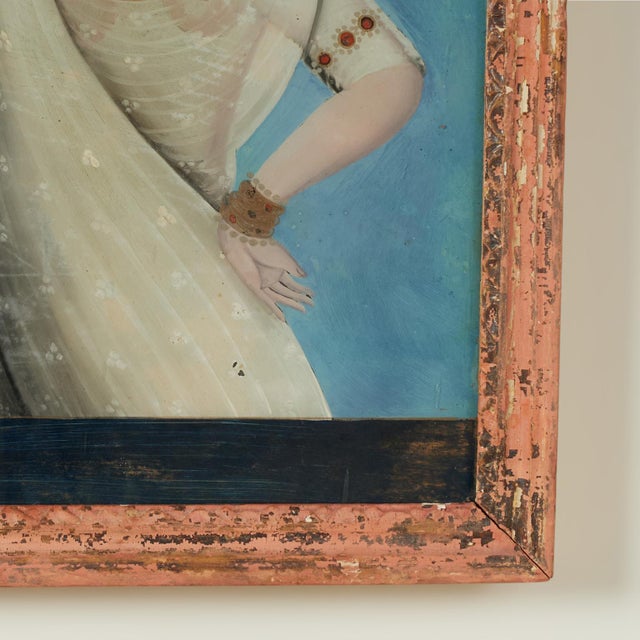 Blue Antique Indian Reverse Painted Portrait of Woman on Glass For Sale - Image 8 of 12