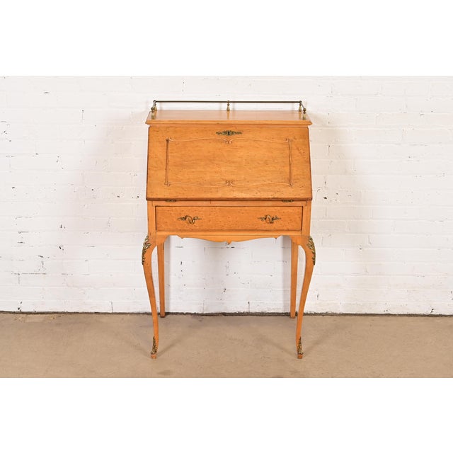 French Provincial Baker Furniture Style Antique French Provincial Louis XV Birdseye Maple Drop Front Secretary Desk With Mounted Brass Ormolu, Circa 1890s For Sale - Image 3 of 18