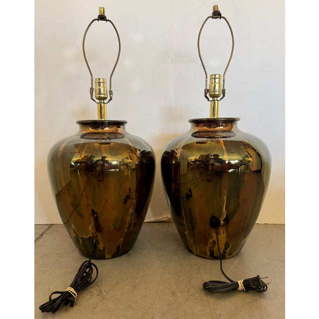 1980s Large High Gloss Mottled Tortoise Shell/Drip Glaze Table Lamps From 80's/ a Pair For Sale - Image 5 of 5