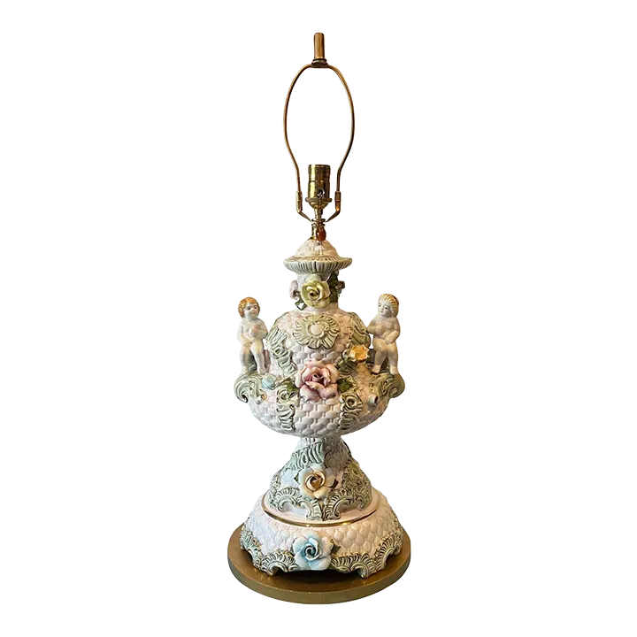 Mid-Century Capodimonte Porcelain Cherub Basketweave Floral Table