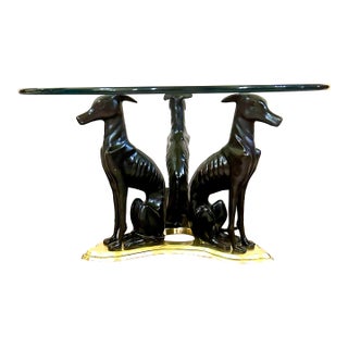 Maitland-Smith’s Bronze “Whippets” on a Brass Base Coffee Table, With Thick Round Glass, 1980, Art Deco, Contemporary For Sale