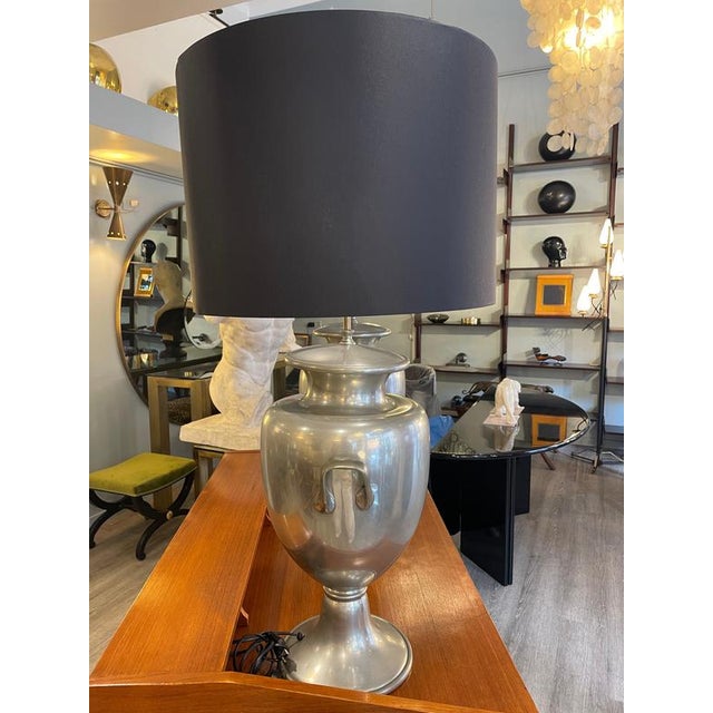 Pewter Table Lamps with Large Black Lampshades, 1970, Set of 2 For Sale - Image 11 of 18