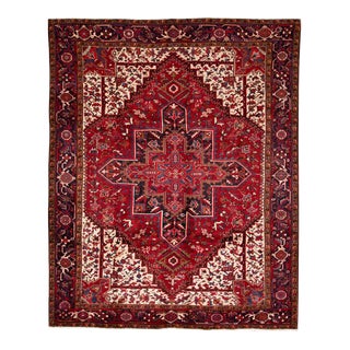 1960s Vintage Persian Heriz Handmade Red Medallion Wool Rug For Sale