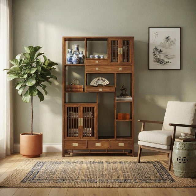 Asian Inspired Asymmetrical Light Brown Shelving Display Cabinet Divider For Sale - Image 4 of 10