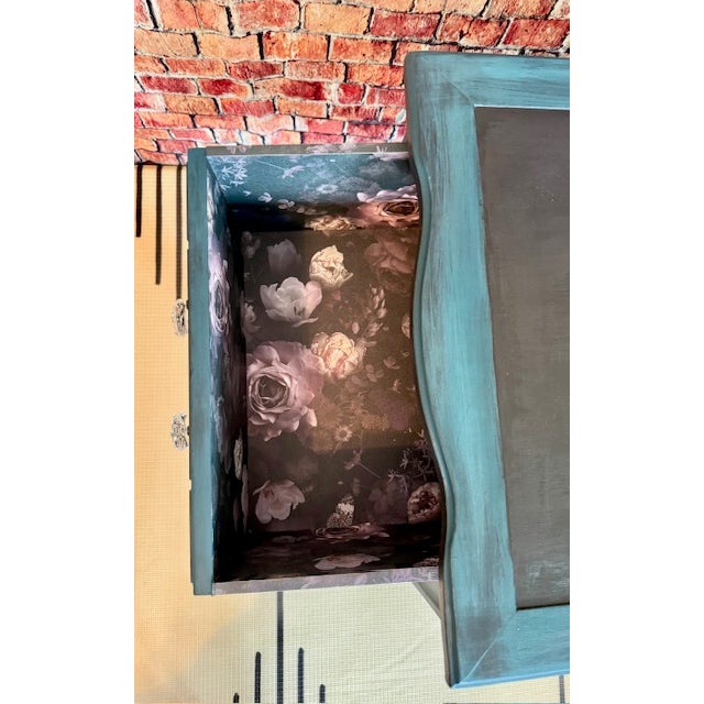 Early 21st Century Dark Teal Hand-Painted Carved Wood Nightstand With Crystal Knobs- Boho Glam End Table For Sale - Image 5 of 5