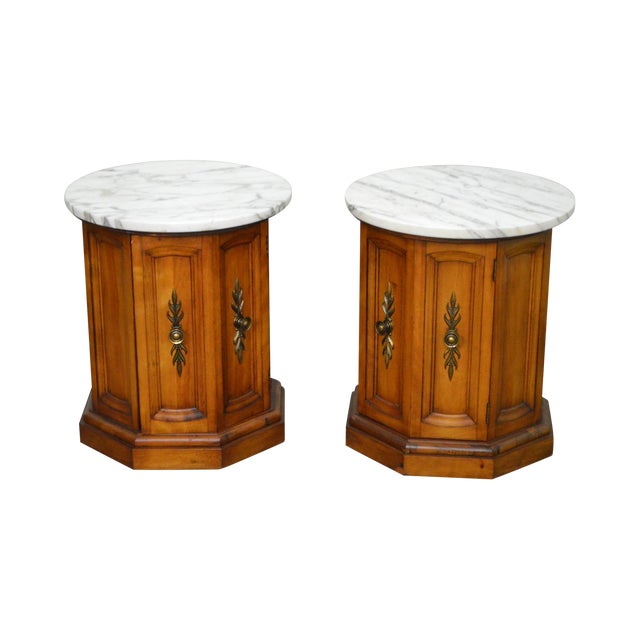 Vintage Pair of Round Marble Top Cylinder Cabinet End ...