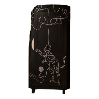 Vintage Hand-Painted Corner Cabinet with Cat, 1920s For Sale