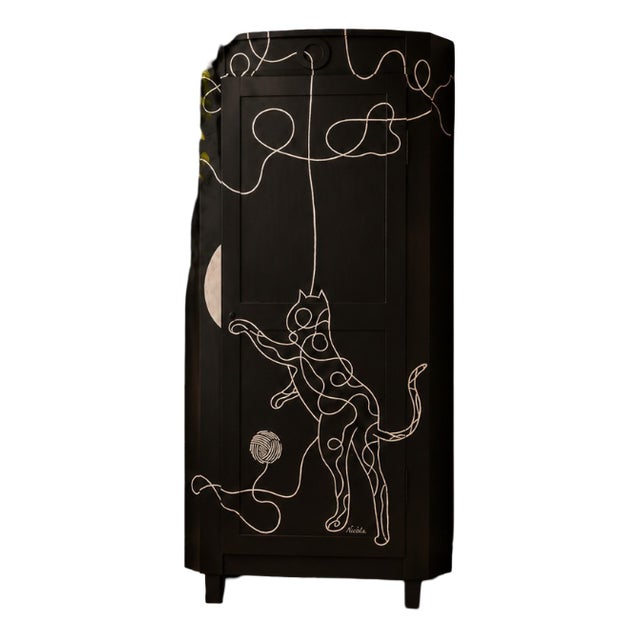 Vintage Hand-Painted Corner Cabinet with Cat, 1920s For Sale