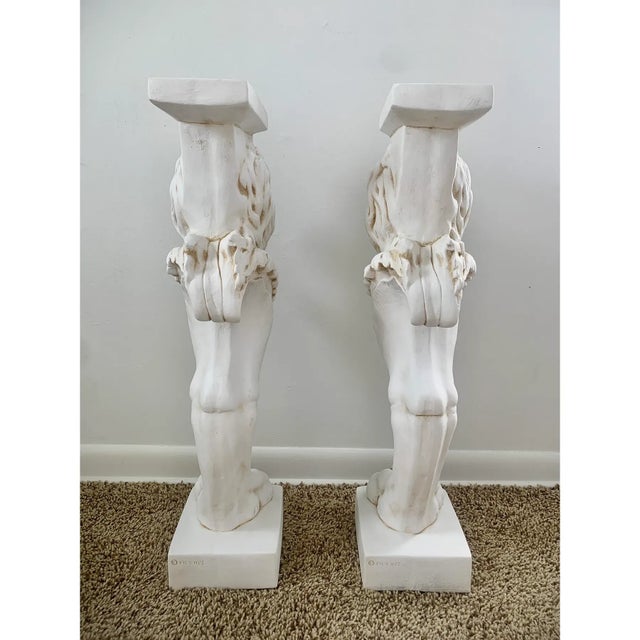 Sculpture Materials Pair of Grand Tour Roman Lion Pedestals in Distressed White Plaster For Sale - Image 7 of 13