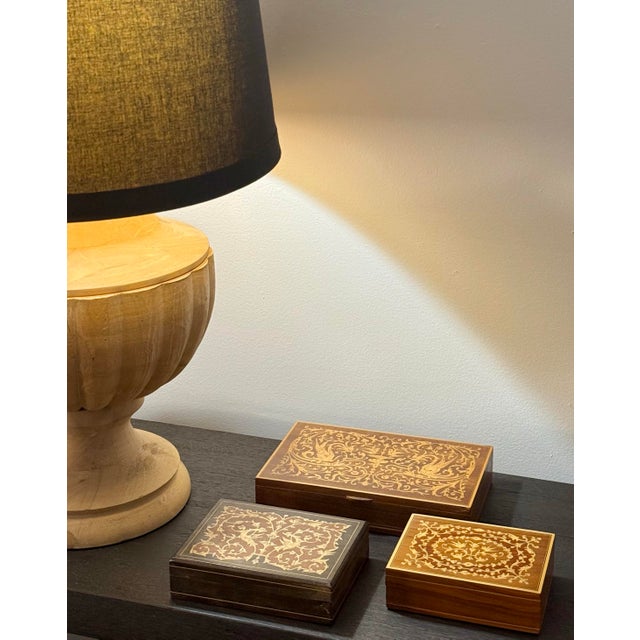 A Trio of Vintage Italian Marquetry Wood Inlay Trinket Boxes With Highly Detailed, Mirror-Image Arabesque Scrolls & Phoenixes For Sale - Image 12 of 12