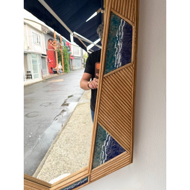 Contemporary Asymmetrical Mirror Rattan Marquetry and Enamel Metal. Italy For Sale - Image 6 of 12