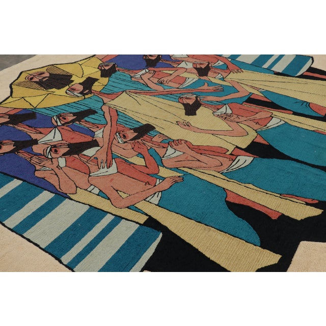 Rug & Kilim Vintage Jewish Pictorial Tapestry in Gold, Blue and Orange Tones | Rug & Kilim For Sale - Image 4 of 10