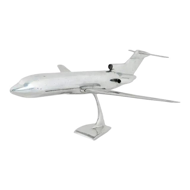 Vintage Boeing 727 Chrome Airplane Scale Model in Flight on Stand For Sale