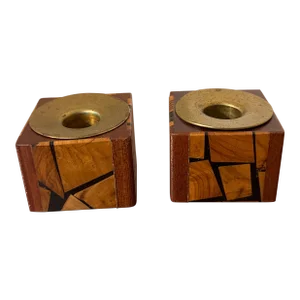 Vintage 1970s Mid-Century Modern Inlayed Wood and Brass Candlestick Holders- a Pair