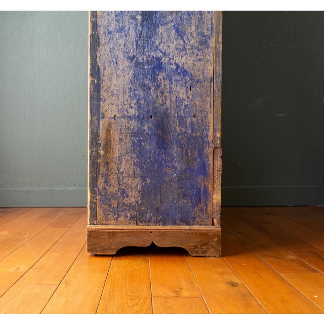 Wood Rustic Blue Painted 19th Century Romanian Step Back Cupboard Cabinet For Sale - Image 7 of 18