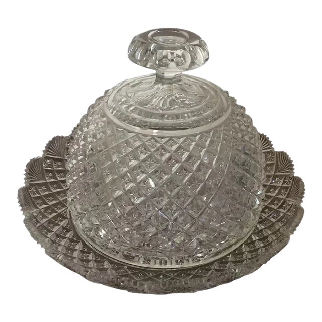 Antique 1890 American Glass Cut Crystal Cheese Dome & Tray For Sale