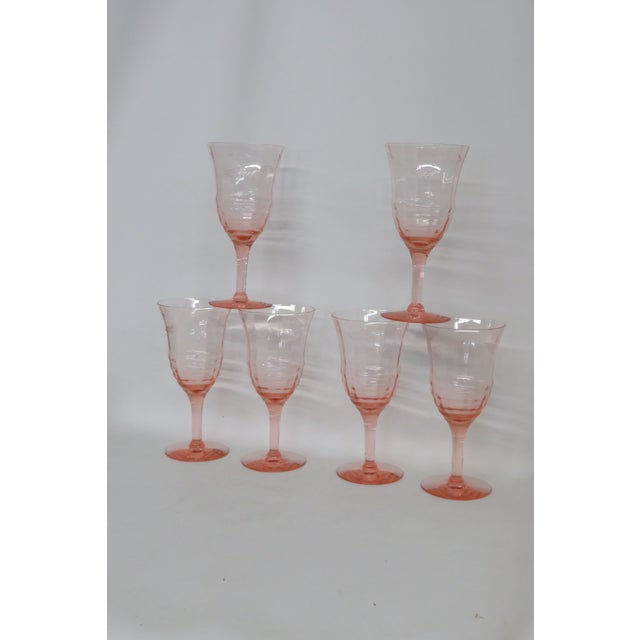 Pink Early 20th Century Pink Stem Depression Glass Ribbed Glassware Wine Water Drink Goblets 4752b - 6pc For Sale - Image 8 of 15